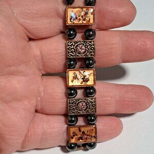 brass copper color bracelet pink stones / gems panel linked bracelet
